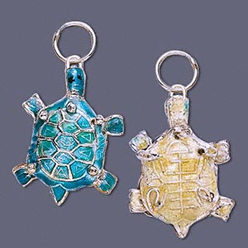 2 Gold Plated Small Turquoise Blue Turtle Cloisonné Charms  *