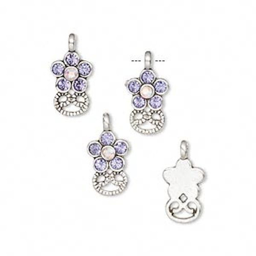 Drop, 4 Silver Plated Pewter Flower Charms with Swarovski Tanzanite Crystals *
