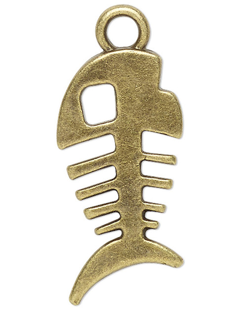 10 Antiqued Brass Plated Pewter 22x11mm Fish Skeleton Bone Cat Charms with Loop