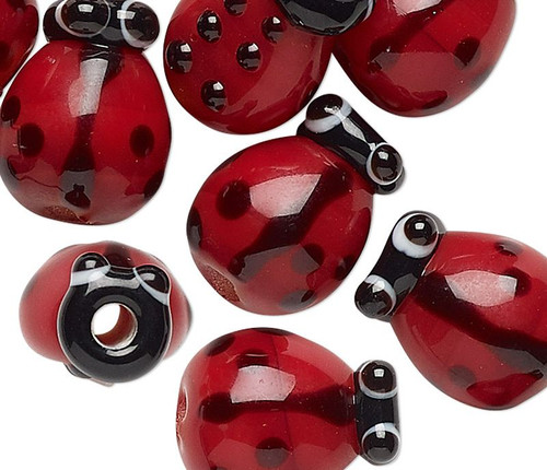 Bead, 10 Lampwork Glass Red & Black 12x9mm LADYBUG Beads with 2.1-2.4mm Hole `