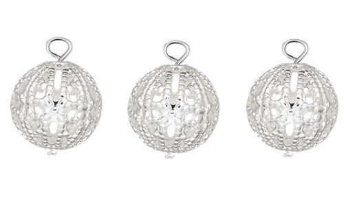 50 Silver Plated Brass 10mm Filigree Round Bead with Eyepin Charms *