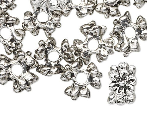 Bead, 24 Antiqued Pewter Flower 6x4mm Rondelle Spacer Beads with 1mm Hole