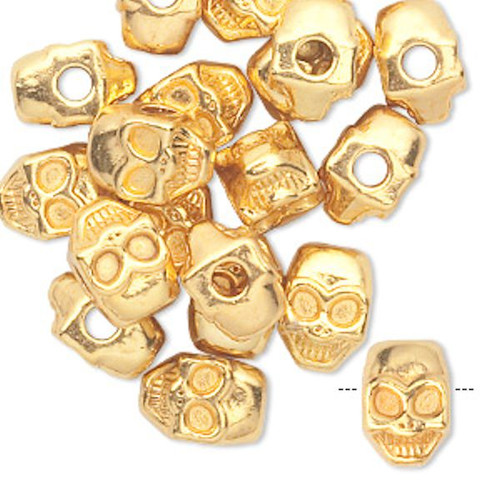 Bead, 20 Gold Plated Pewter 11x8mm SKULL Head Beads with 2.5mm Hole *