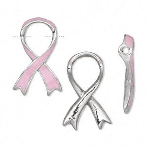 Bead Frame, Focal, 1 Antiqued Silver Plated & Enameled 23.5x14.5mm Pink Ribbon Awareness Bead Frame *