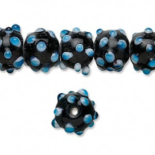 Bead, Black White Blue Lampworked Glass 10mm Bumpy Round Beads 1 Strand(38-40) *