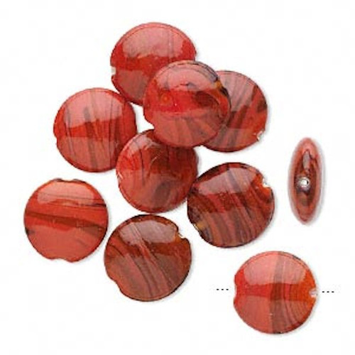 10 Glass Amber & Red with Swirls 22mm Puffed Flat Round Coin Beads **