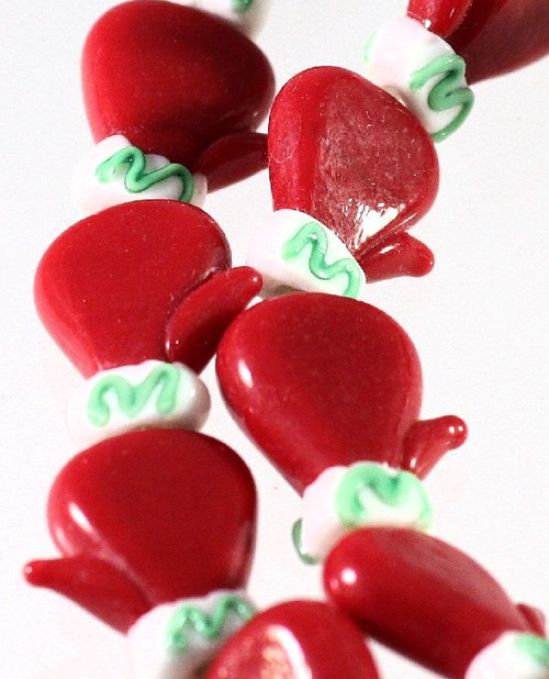 Bead, 6 Lampworked Glass Red & Green 19x16mm Christmas Mitten Beads with 1.5-2mm Hole *