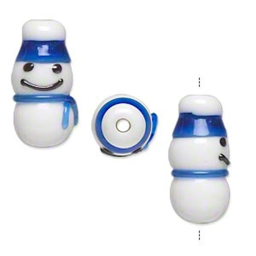 4 Lampwork Glass Snowman with BLUE Hat Beads ~ 23x11mm