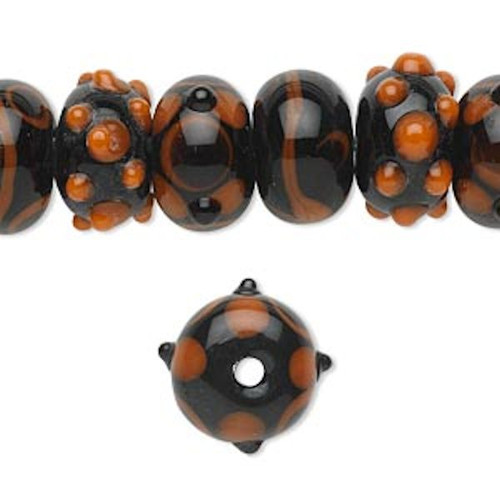 Bead, 20 Lampworked Glass Black Orange 14x9mm Bumpy Rondelle Beads with 2.5-2.7mm Hole *