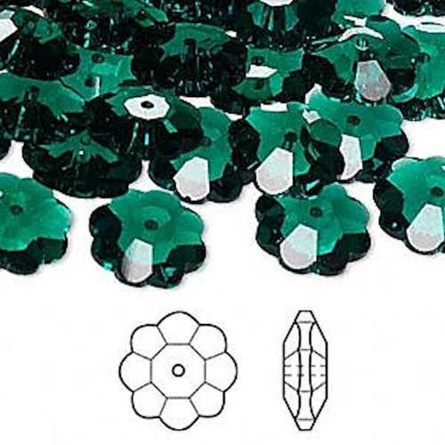 Bead, 12 Swarovski Emerald Green Crystal 10x3.5mm Margarita Lochrose Flower Beads (3700)