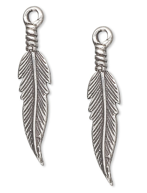 Drop, 2 Antiqued Sterling Silver 25X6mm Double Sided FEATHER Charms