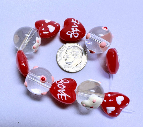 Bead, Heart, 10 Hand Painted Glass Red & Clear Round & Hearts Love *