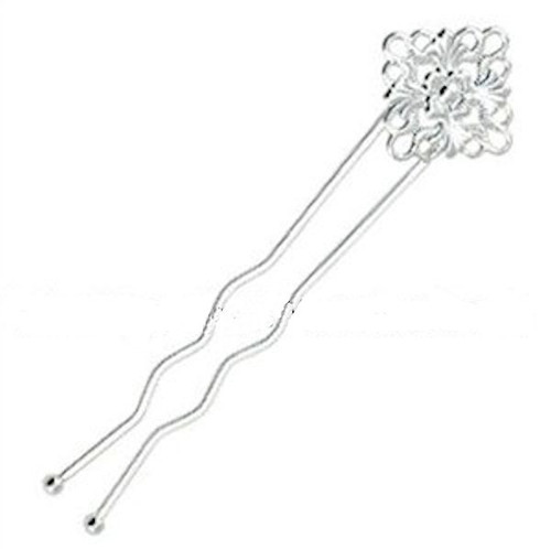 Hair Clip Pins, 6 Silver Plated 3" Long 15mm Square Filigree for Beading *