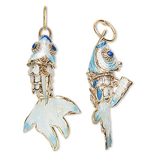 2 Gold Plated Brass Cloisonné Light Blue & White 32x16mm Moving Fish Charms *