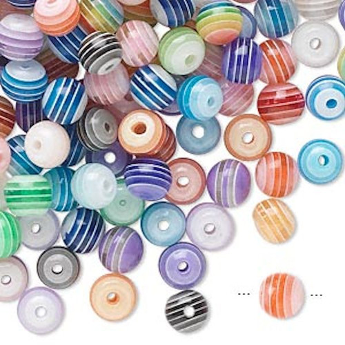 100 Laminated Acrylic 6mm Round Striped Bead Mix with 1.5-1.7mm Hole *