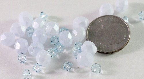 32 Vintage Light Blue Czech Fire Polished Glass 6mm Bead Mix with 3mm Swarovski Crystals *