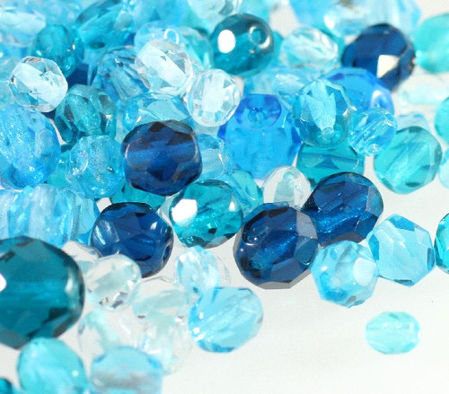 50 Grams Czech Fire Polished Blue Aqua 2-14mm Faceted Glass Bead Mix *