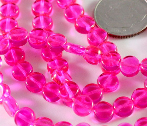 Bead, 100 Czech Pressed Glass Transparent Fuchsia 6mm Flat Round Coin Beads with 0.8mm Hole *