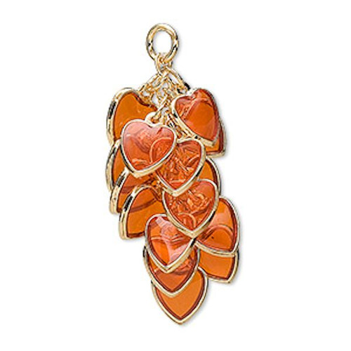 4 Gold Plated Brass & Epoxy Orange Heart Cluster Dangle Drops (60 Charms) *