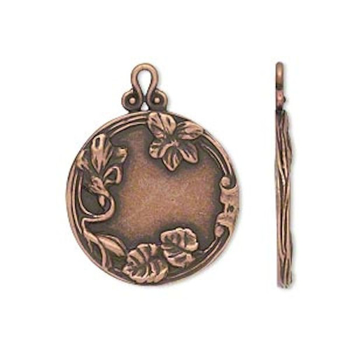 1 Antiqued Copper Plated Brass 22mm Flat Round with Flowers & Leaves Pendant *
