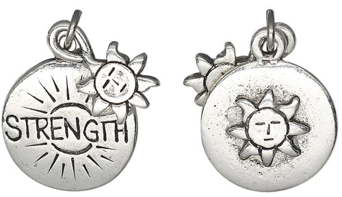 1 Antiqued Silver Plated Pewter Double Sided Sun & STRENGTH Charm