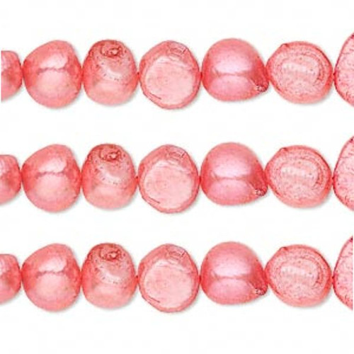 1 Strand Cultured Dyed Strawberry Freshwater 7-8mm Flat Sided Potato Pearls *