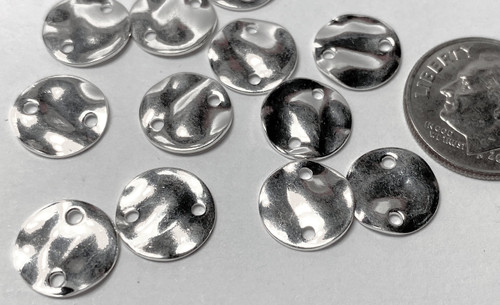 12 Silver Plated Double Sided Hammered 10mm Round Disc Coin 2 Hole Connectors *