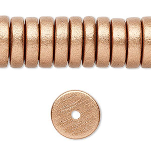 Bead, 8 Inch Strand Wood Metallic Copper 15x4mm Rondelle Disc Beads