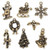 Charm, 8 Antiqued Brass Plated Pewter Christmas Charm Set Snowflake Wreath & More `