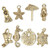 8 Antiqued Gold Plated Pewter Charms Sand & Sea Theme Mix `