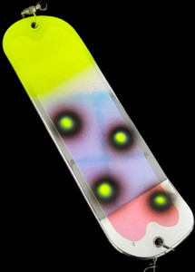8" Chrome UV Yellow Booger Flasher w/ 2 Fins 8" Chrome UV Yellow Booger Flasher w/ 2 Fins