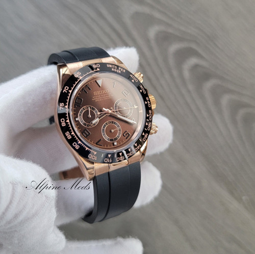 Ceramic Rose Chrono Mod on Rubber Strap with solid endlinks - Sunburst Chocolate Dial