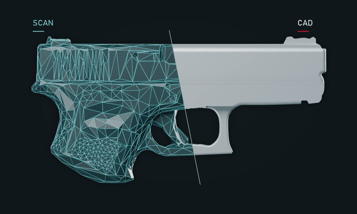 A Glock 19 shown side-on: the rear half is the raw 3D scan as a triangle mesh, the front half is the smooth solid CAD model