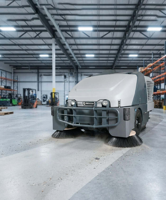 Advance SW8000 ride-on sweeper in an industrial warehouse