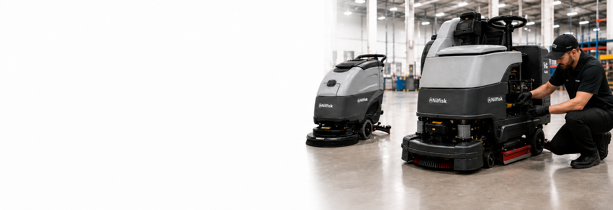 A Caliber Equipment technician servicing ride-on floor scrubbers in a warehouse