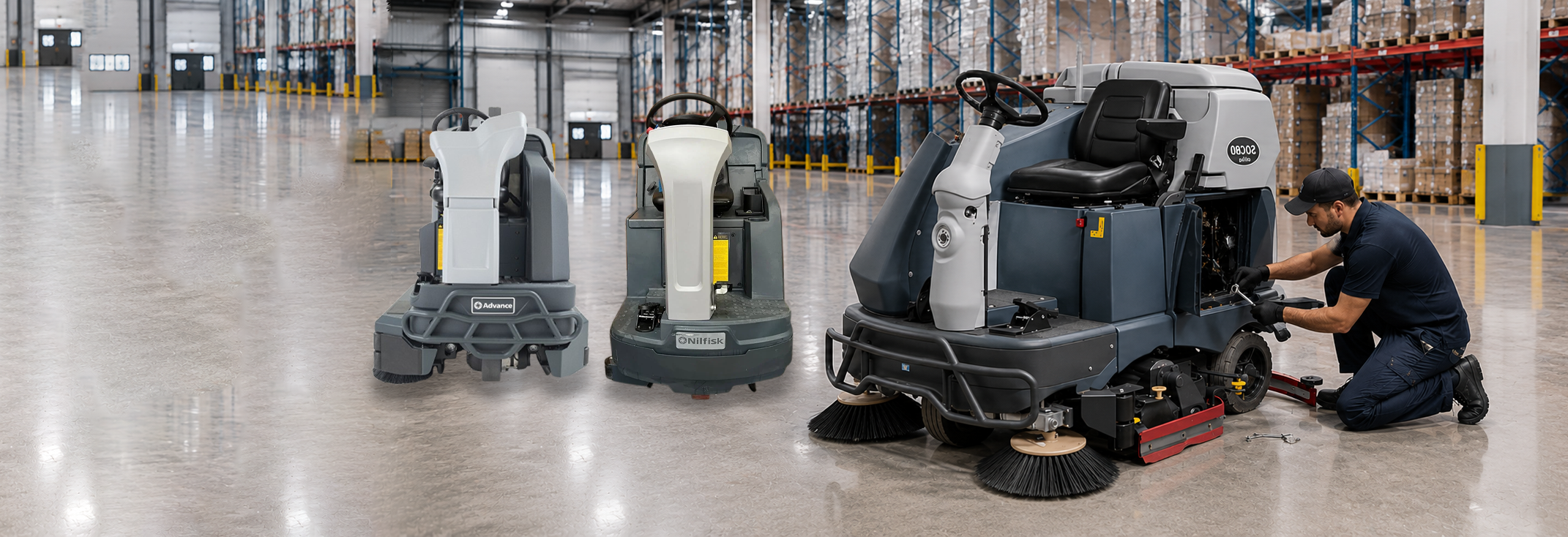 Advance and Nilfisk ride-on floor machines in a warehouse with a technician servicing a ride-on scrubber