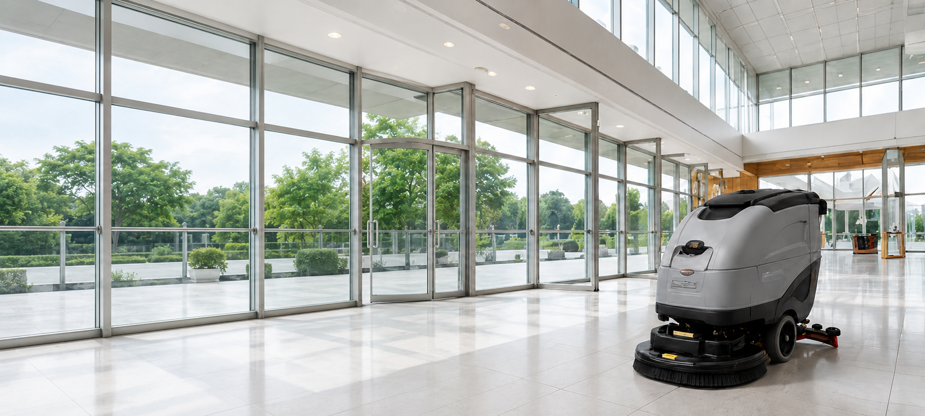 Floor scrubber cleaning a commercial building lobby