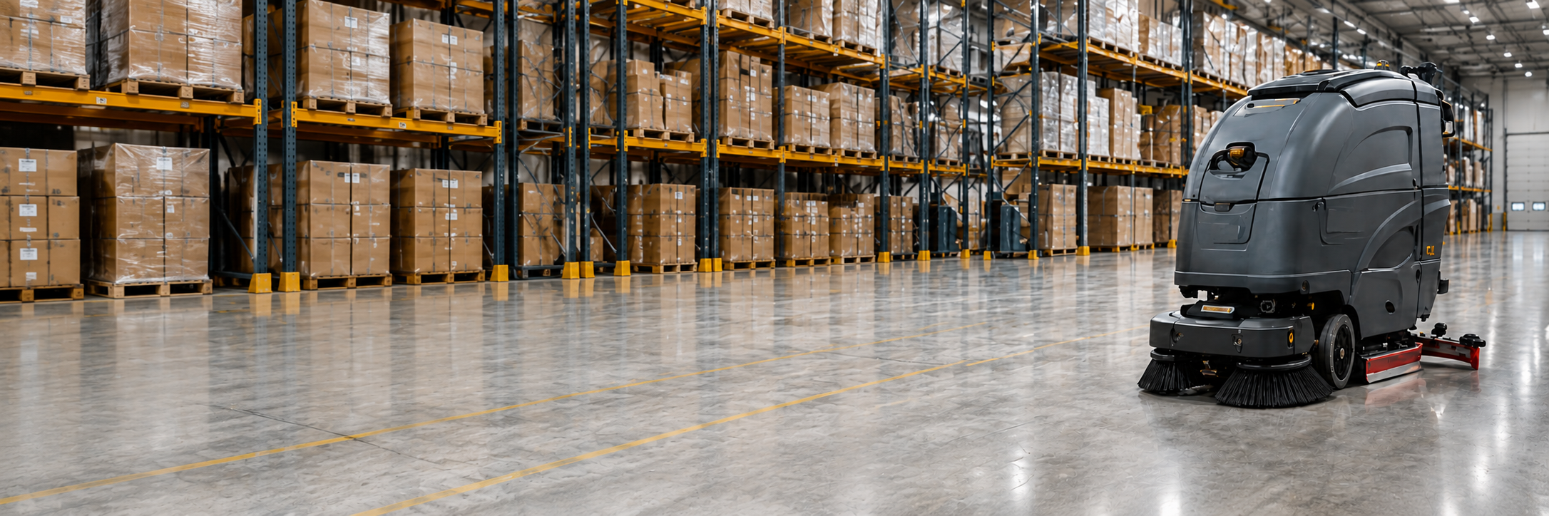 Ride-on sweeper cleaning a warehouse aisle