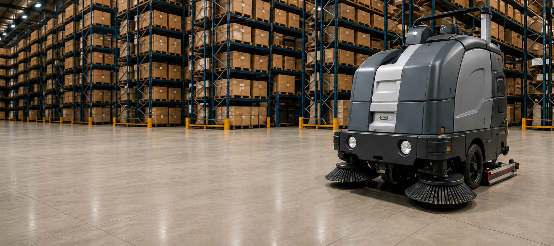 Ride-on sweeper cleaning an industrial warehouse aisle