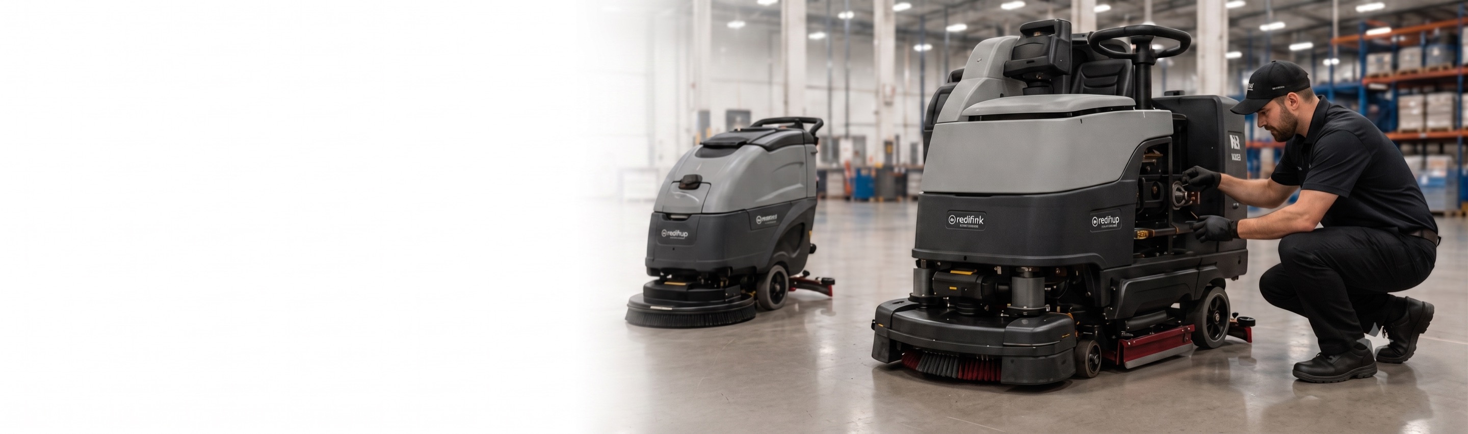 A Caliber Equipment technician servicing ride-on floor scrubbers in a warehouse