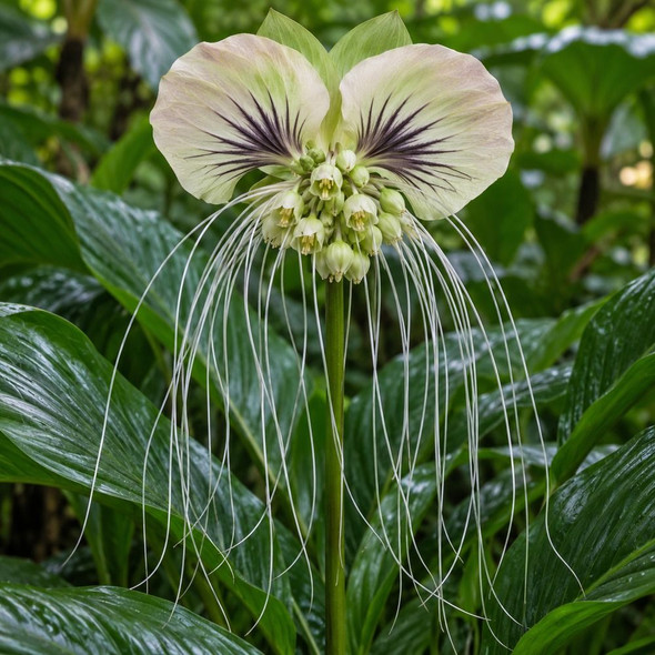 Tacca White Moon Bat Plant with flower. Edited with AI
