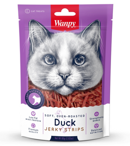 Wanpy Cat Duck Jerky Strips 80g, A delicious, meaty, soft, chewy treat for cats, made by Wanpy. Oven-roasted Duck Jerky cut into slender strips.