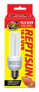 Zoo Med ReptiSun UVB Compact 10.0 13W, ReptiSun® 10.0 Mini is Perfect for all desert and basking reptiles! 10% UVB Output, 30% UVA Output, Full spectrum. The new ReptiSun® Compact Fluorescent lamps use a special UVB transmitting quartz glass for maximum UVB penetration.