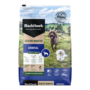 Black Hawk Dog Healthy Benefits Dental, Black Hawk Healthy Benefits Dental has been developed for your adult dog’s oral health. The tear-drop kibble size and fibrous plant-based ingredients create a tooth-friendly texture that aims to clean your dog’s teeth while they chew. Black Hawk Dog Healthy Benefits Dental, Black Hawk Healthy Benefits Dental has been developed for your adult dog’s oral health. The tear-drop kibble size and fibrous plant-based ingredients create a tooth-friendly texture that aims to clean your dog’s teeth while they chew.