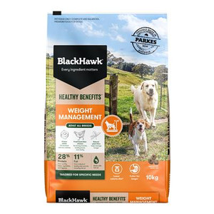 Black Hawk Dog Healthy Benefits Weight Management, Black Hawk Healthy Benefits Weight Management has been specifically developed as a lower calorie* diet by our animal nutritionists and vets, to help adult dogs maintain a healthy weight.
