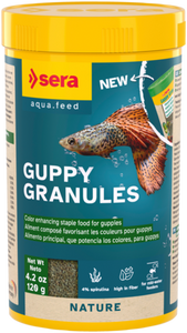 Sera Guppy Gran Nature, Guppy Granules is the easily digestible staple food, without dyes and preservatives, for guppies and other livebearing toothcarps. Sera Guppy Gran Nature, Guppy Granules is the easily digestible staple food, without dyes and preservatives, for guppies and other livebearing toothcarps.