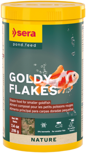 Sera Goldy Nature, Goldy Flakes is the staple food for smaller goldfish and their fancy variety breeds such as shubunkin, veiltail or sarasa, as well as other coldwater fish, that does not require dyes and preservatives. Sera Goldy Nature, Goldy Flakes is the staple food for smaller goldfish and their fancy variety breeds such as shubunkin, veiltail or sarasa, as well as other coldwater fish, that does not require dyes and preservatives.