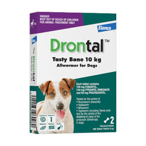 Drontal Dog Tasty Bone Allwormer - 10kg x 2, A monthly oral de-worming medication that is effective against roundworms, hookworms, whipworms and tapeworms.