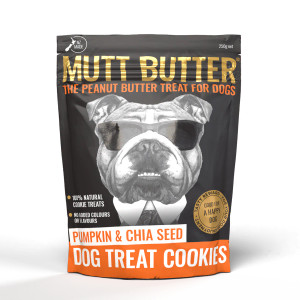 Mutt Butter Dog Treat Cookie Pumpkin and Chia 250g, baked pumpkin and chia seed treat sized cookies for your dog.