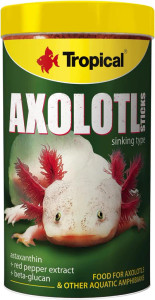 Tropical Axolotl Sticks 250ml/135g, Special high-protein food in the form of sinking sticks for axolotls, the Iberian Ribbed newt, African clawed frogs and other aquatic amphibians, who feed on animal material. Tropical Axolotl Sticks 250ml/135g, Special high-protein food in the form of sinking sticks for axolotls, the Iberian Ribbed newt, African clawed frogs and other aquatic amphibians, who feed on animal material.